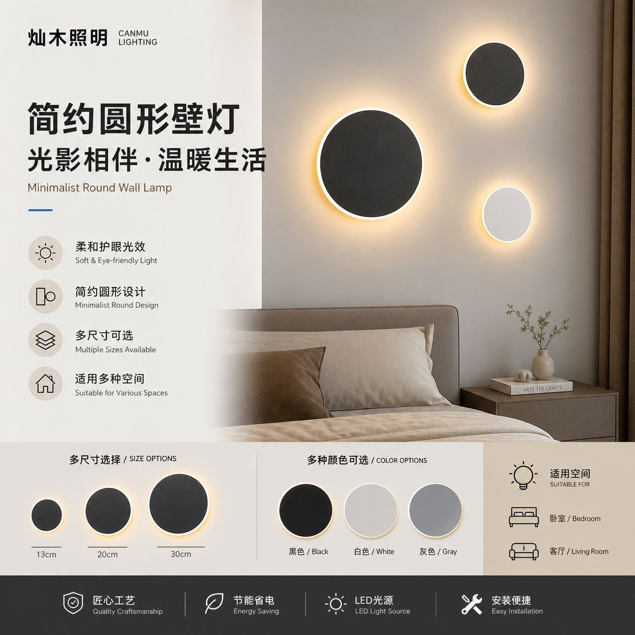 现代简约卧室床头墙壁灯高级感电视背景墙灯北欧阳台玄关圆形灯具