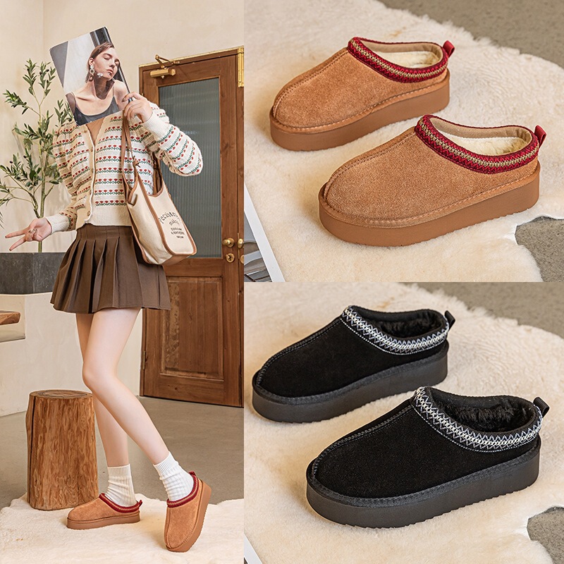 Thick-Soled Ethnic Style Tazz Closed-Toe Cotton Slippers, New Winter Model, Leather and Fur Integrated, Warm, Casual, Non-Slip Snow Boots for Women