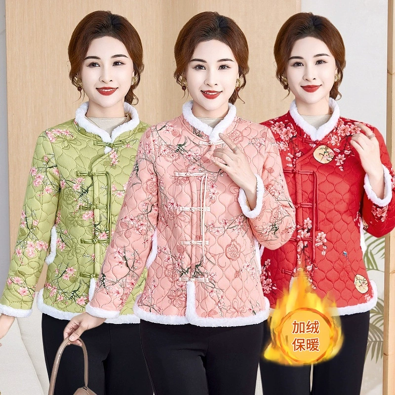 Новая хлопковая куртка ватная куртка утолщение сетка красная ретро хлопчатобумажная куртка плюс бархат китайская теплая мама зимняя женская топ