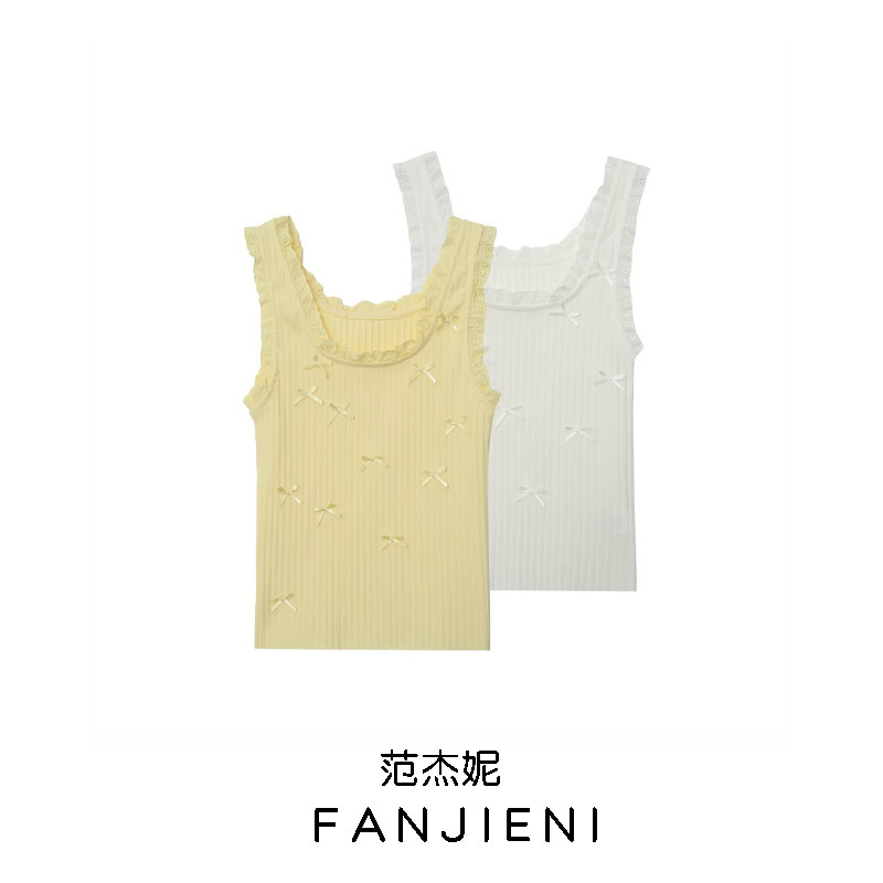 Zr Export Wholesale European and American Style Women's Fashion Slim Lace Bow Decorated Ribbed T-Shirt Vest 0858317