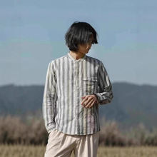 夏季复古竖条纹亚短袖男士衬衫 出口日本男装 跨境外贸出口男衬衫