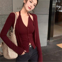 2025辣妹假两件挂脖长袖T恤女春秋季新款小众修身显瘦开衫上衣潮