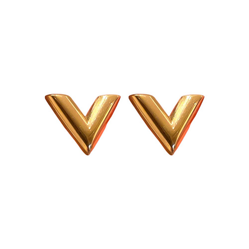 Gold titanium steel V-shaped earrings and necklace set, fashionable, simple and versatile metal style earrings, personalized design jewelry