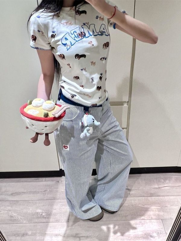 美式复古满印小狗正肩短袖t恤女夏季小个子韩版修身显瘦百搭上衣|undefined