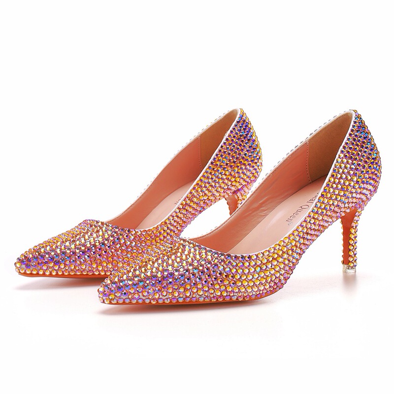7cm Luxury Glass Rhinestone Pointed Toe Shoes Small Stiletto High Heels Flash Golden Diamond High Heel Women's Shoes