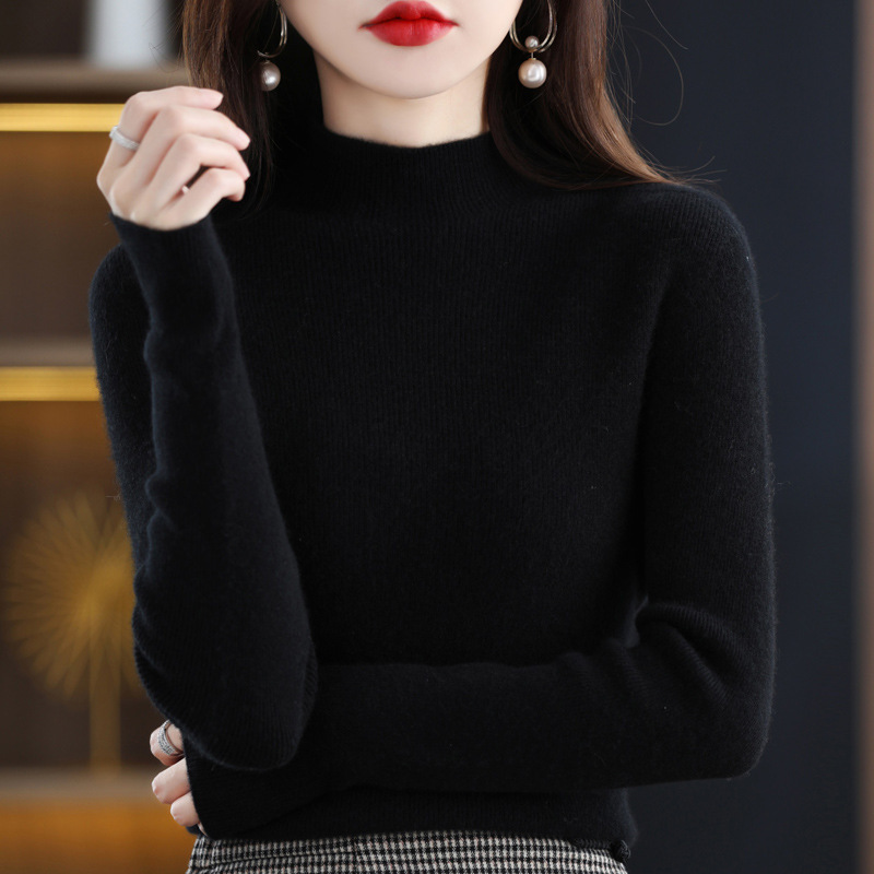 羊毛衫半高领一线成衣套头秋冬女装纯羊毛针织长袖纯色打底毛衣|undefined