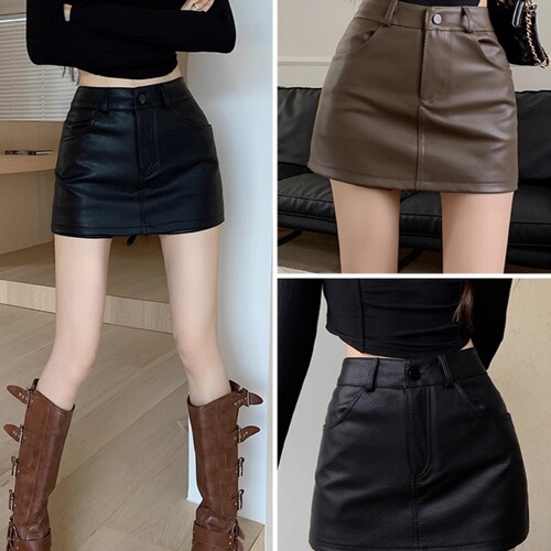 Spice girl short skirt coffee color pu leather skirt women autumn and winter new style high waist large size fat mm slimming bag hip skirt