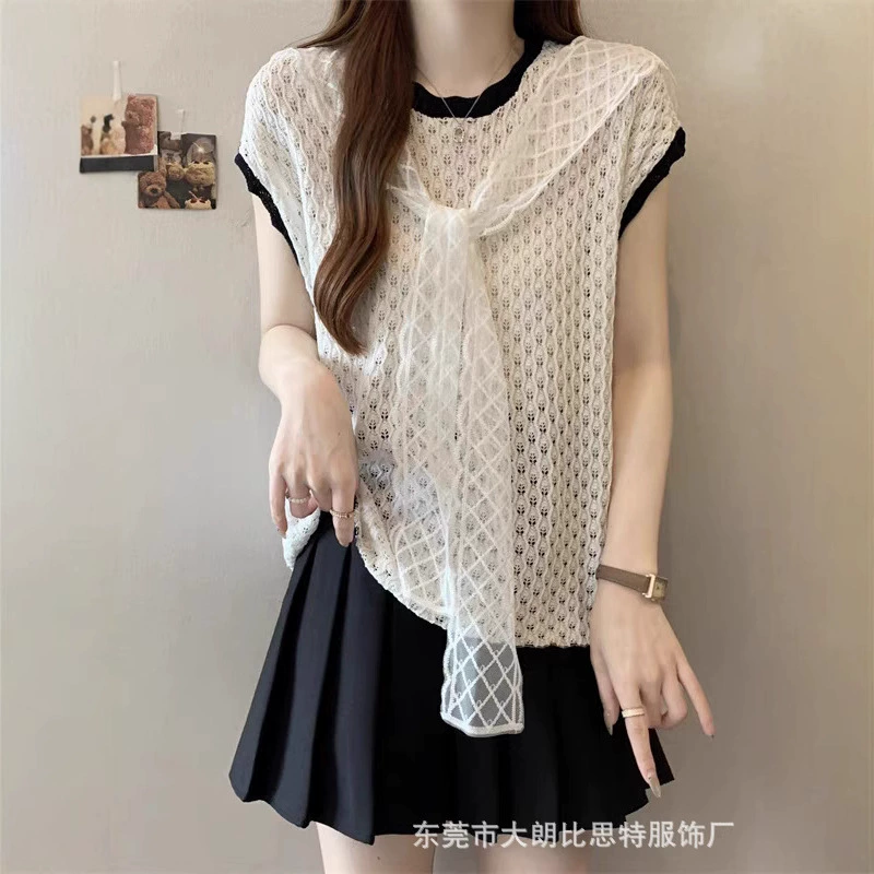 Lace yellow cloak, summer knitted design sweater, with short sleeve, trend of season