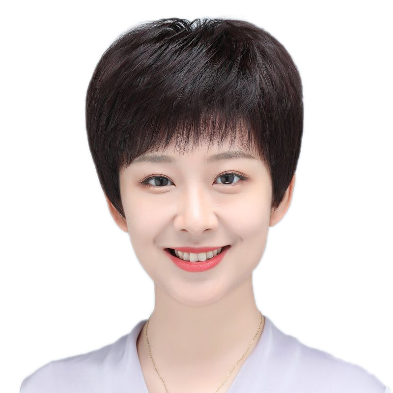 かつらのショートヘアの全人の髪の全頭カバーの短いストレートヘアの中高年の女性のお母さんは自然に年齢を減らします。|undefined