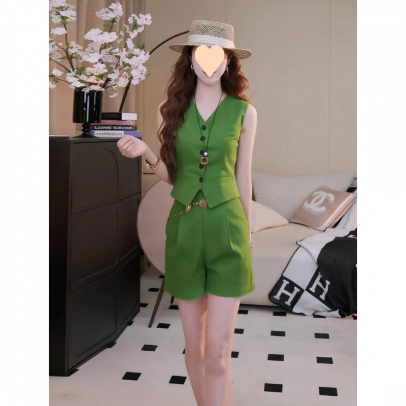 今年の人気のファッションスーツ女性の夏の新しい韓国スタイルの気質デザインノースリーブベスト + ショーツ 2 点セット|undefined