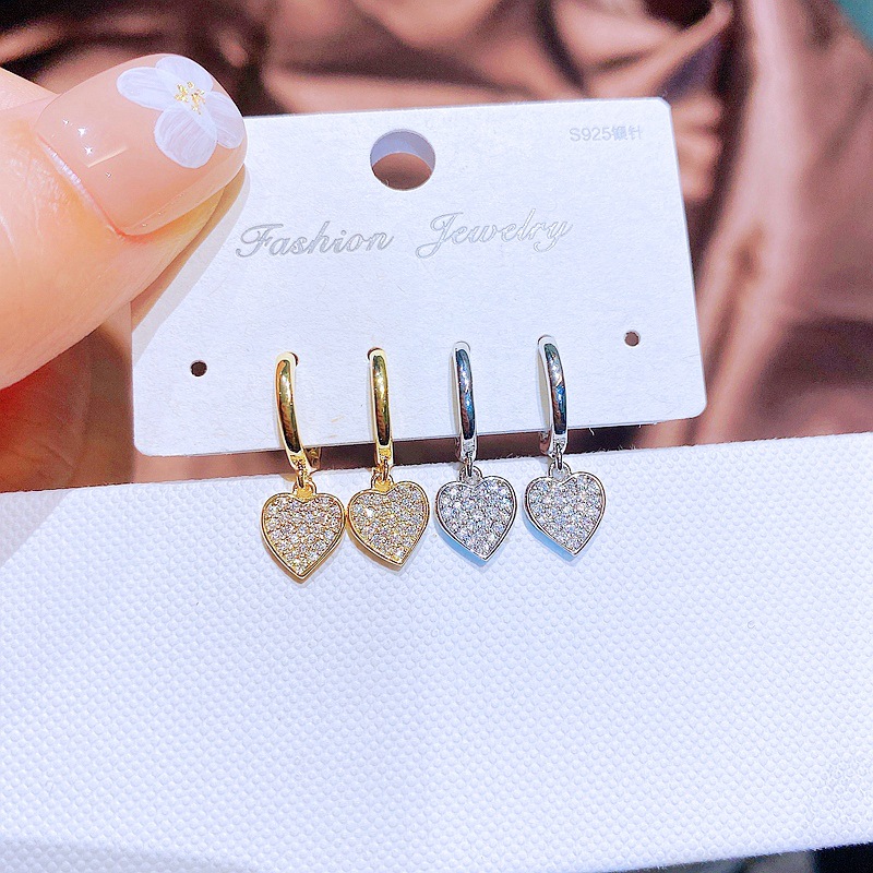 Fashion Heart Shaped Pendant Micro Inlaid Zircon Ear Clip Small Earrings