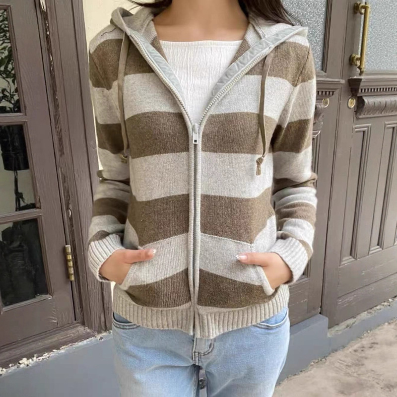 Bm Style Gray Brown Stripesd Hooded Knitted Cardigan Women's Zipper Knitwear Knitwear Jacket Autumn and Winter Short Top Trendy