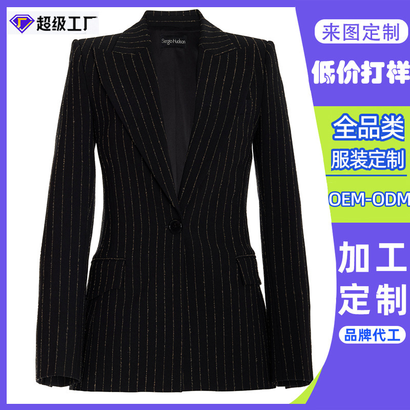 Dongguan Humen Factory Customized Cross-Border Autumn and Winter Black Pinstripes Wool Blend Suit Jacket Suit