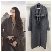绑带蝴蝶结长款单排扣宽松学院风减龄双面羊毛呢大衣外套女装灰色