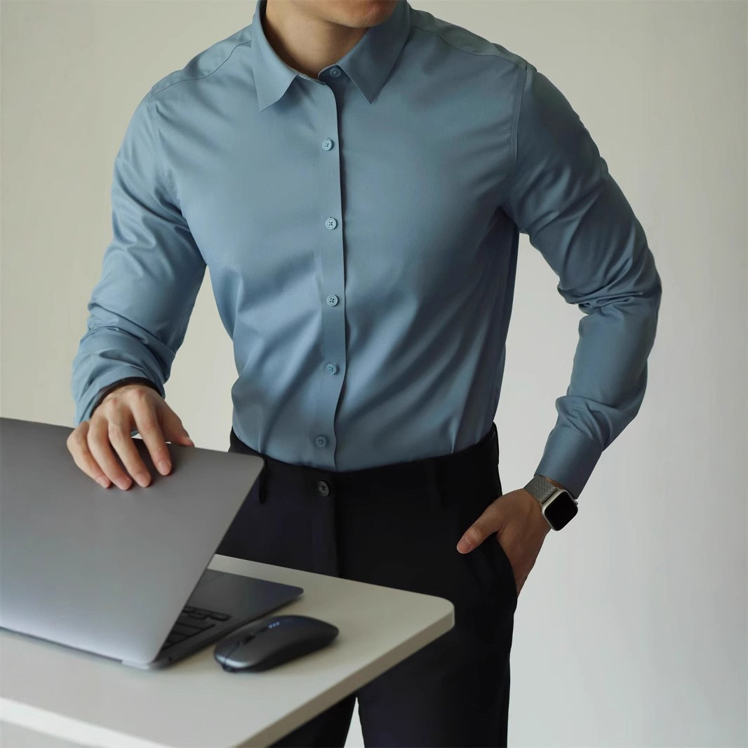 Abbigliamento da uomo, non stirabile, tinta unita, tecnologia nera a tre strati, senza cuciture, in fibra di bambù, a maniche lunghe, per il tempo libero, per lavoro, vestibilità comoda e aderente._voghion.com