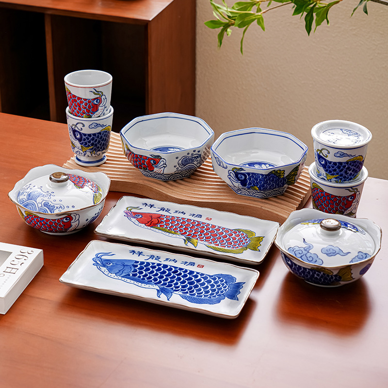 New Chinese-Style Dragon Fish Ceramic Set, Blue and White Underglaze Tableware, Stew Pot, Couple Drinking Cups, Plates, Hand-Painted Ceramic with Dragon Motifs
