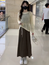 原创时尚套装早秋新款不规则镂空针织衫韩版吊带裙两件套