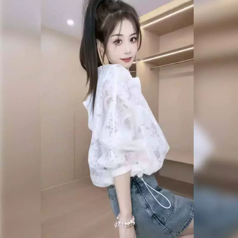 2025 новый летний стиль кружевной свободный повседневный худи с вырезами, популярная короткая куртка для защиты от солнца для женщин