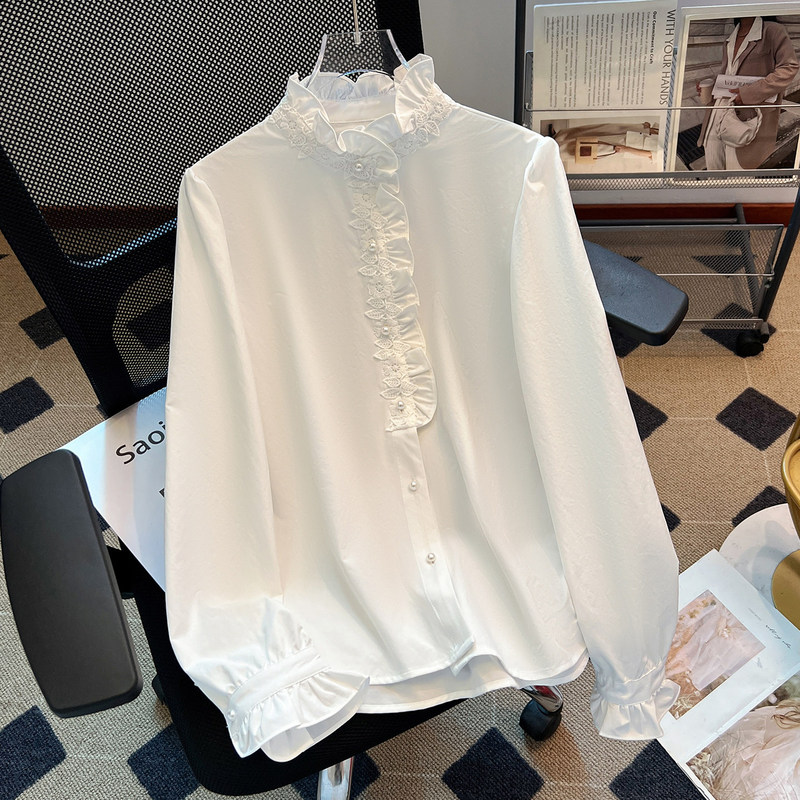 White Ruffled Lace Stand-Collar Long-Sleeve Shirt for Women, 2026 Autumn New High-End Luxury Style Top