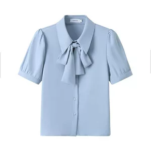 蓝色短袖雪纺衬衫女夏季时尚气质职业正装教师穿搭事业编面试套装