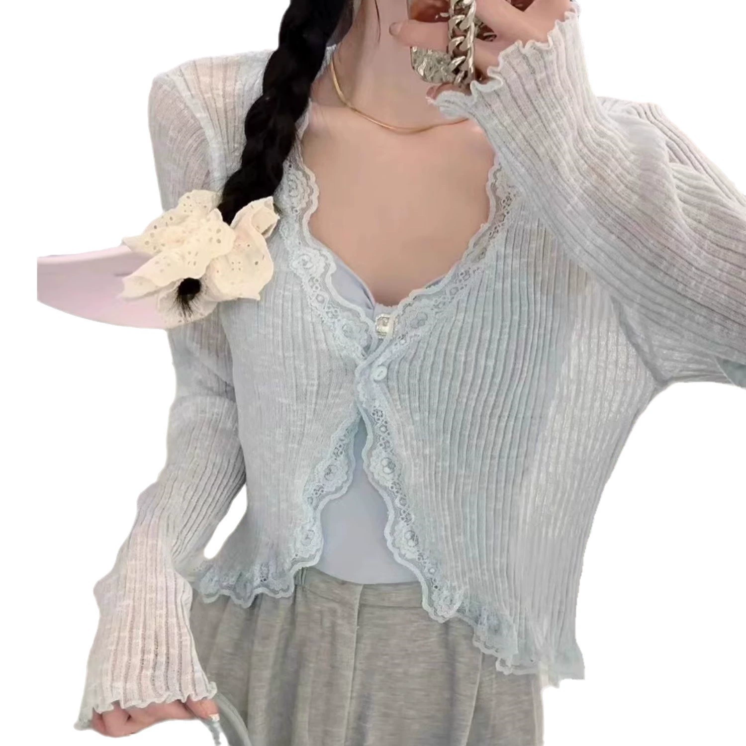 Knitted summer thin cardigan, cloak, V-neckline