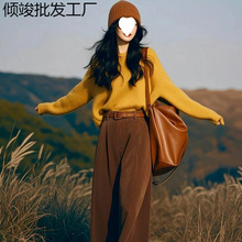 2025年秋冬搭配一整套韩系百搭休闲通勤风针织毛衣阔腿裤两件套女