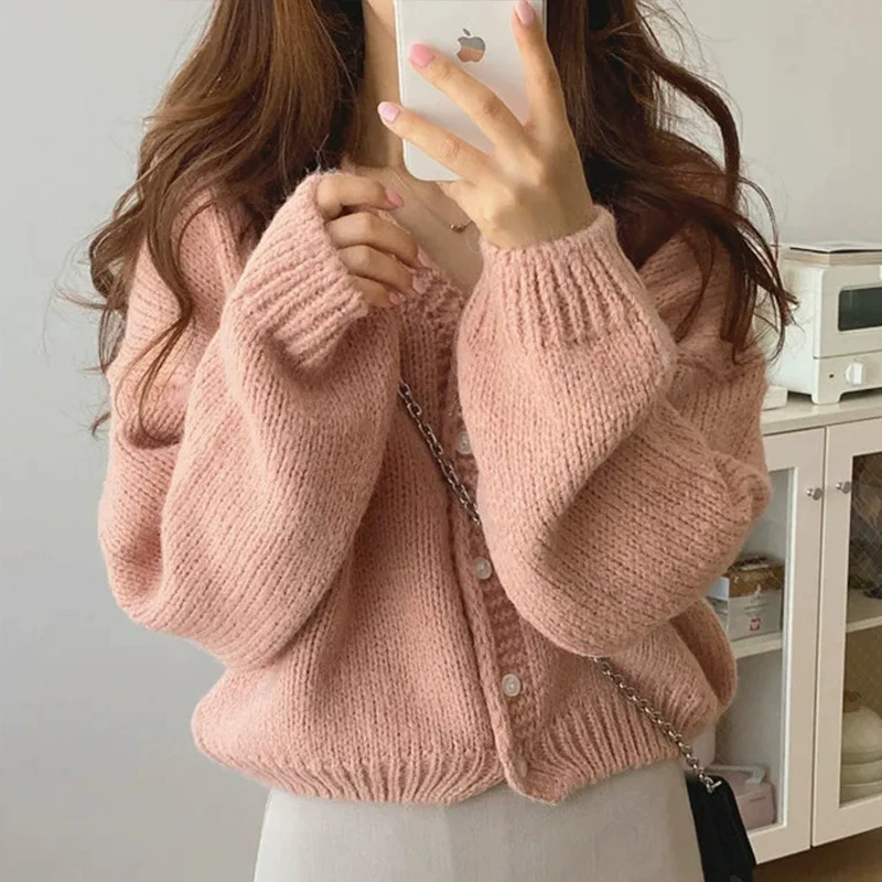 Шикарный осенне-зимний свободный кардиган в Корейском стиле с v-образным вырезом, однотонный толстый шерстяной кардиган, свитер, вязаный топ, куртка для женщин миниатюрного размера XXS