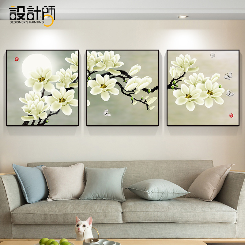 新中国式客間装飾画家と万事興ソファーの背景壁に花を掛けて富貴な寝室の三連壁画を描きます。|undefined