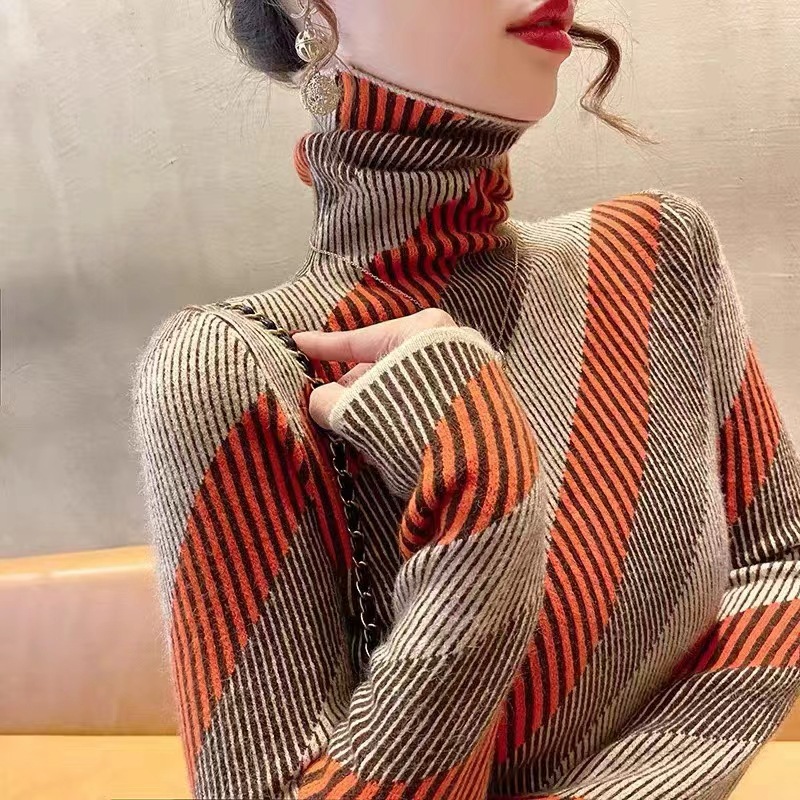 复古条纹针织打底衫内搭毛衣女秋冬百搭超好看高领保暖软糯上衣