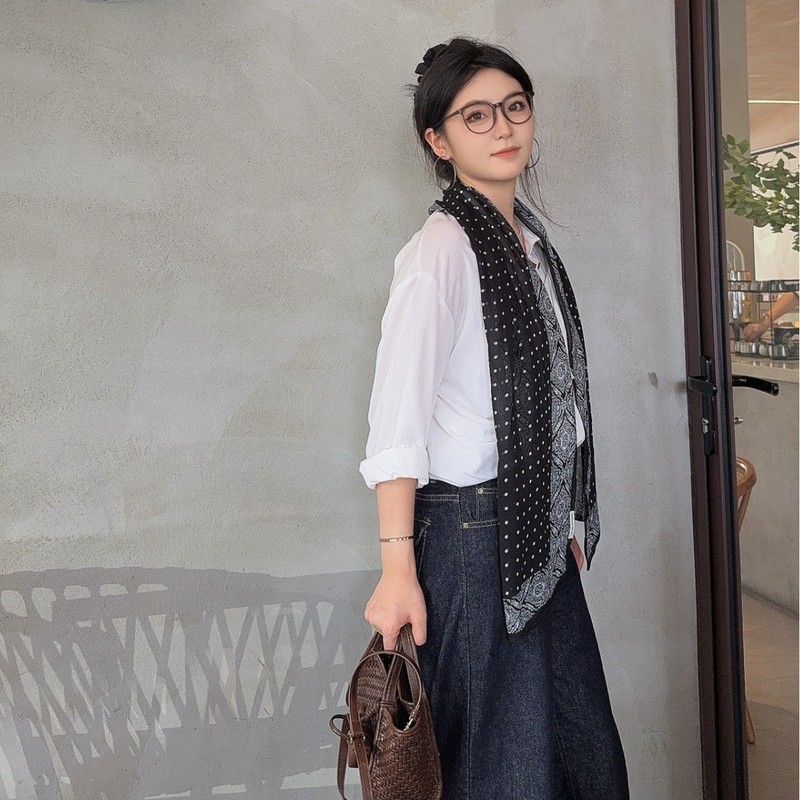 新款韩系法式波点领巾春秋气质款丝巾女百搭围巾西装衬衫装饰围巾|undefined