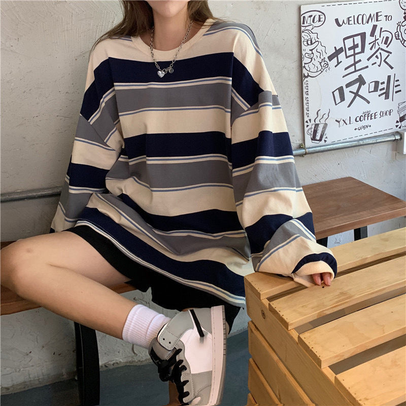 2025 Autumn New Korean Style Loose Striped Long Sleeve T-Shirt for Women, Trendy and Versatile Thin Top for Students