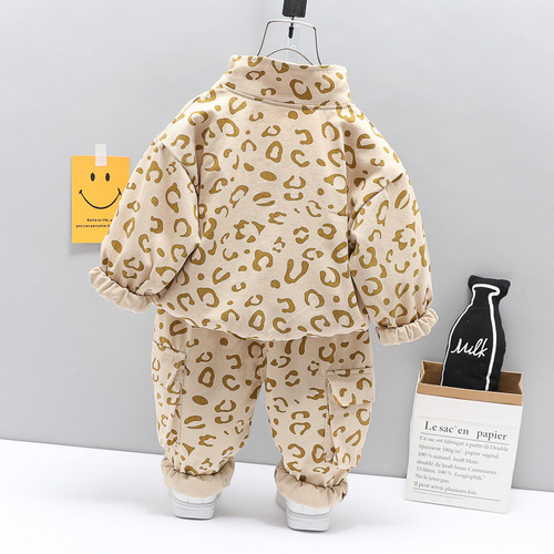 Children's Clothing Wholesale Children's Clothes Leopard Print Stand Collar Two-piece Set Boys Spring and Autumn Sports Suit Korean Style Baby Clothes