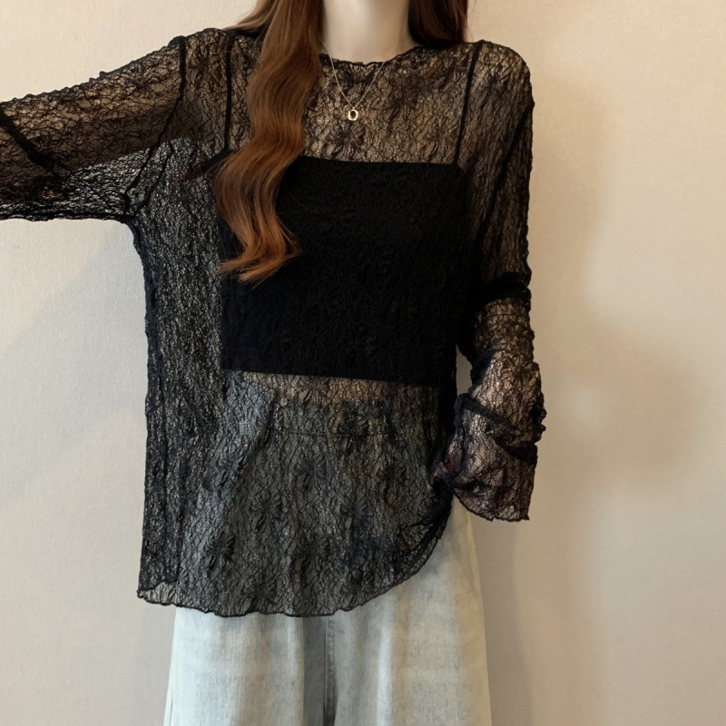 Black Thin Slightly See-Through Lace Shirt Long-Sleeved Shirt for Women 2025 Summer Large Size Fat Mid-Length Outer Blouse Top