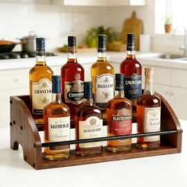 木制酒瓶展示架铁木结合双层威士忌葡萄酒架实木厨房调料瓶整理架