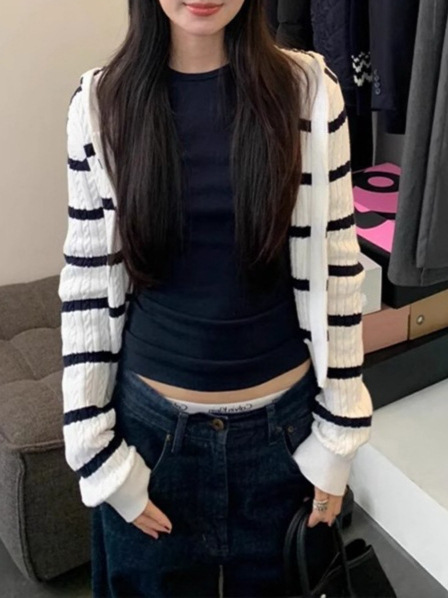 藏青色条纹连帽麻花针织开衫外套女韩系氛围感早秋季穿搭毛衣上衣|undefined