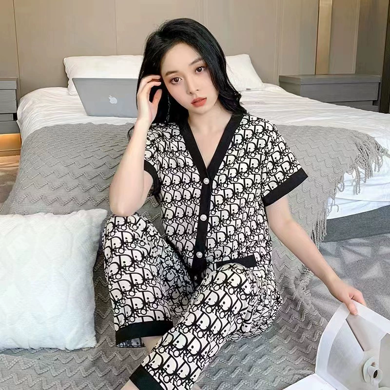 Весенняя и осенняя пижама женская корейская версия Wall хлопчатобумажный V-образный кардиган с длинными рукавами брюки два комплекта пижамы домашняя одежда можно носить на улице