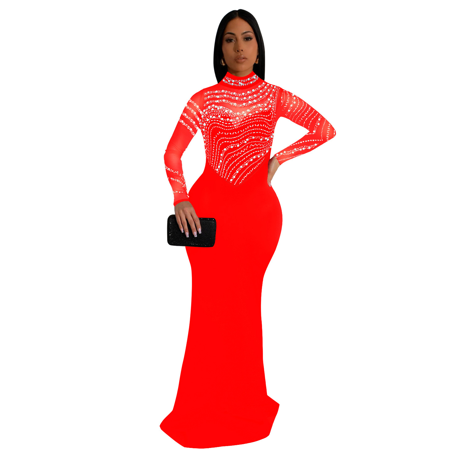 C7043 Aliexpress transfronterizo Amazon estación independiente de moda europea y americana ropa de mujer de color sólido vestido largo de diamante caliente nuevo