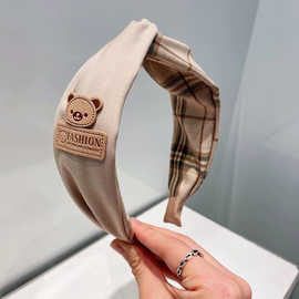 日韩简约可爱小熊头饰少女经典拼接格纹发箍宽边交叉百搭压发头箍