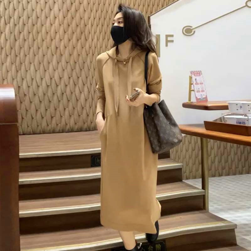 dress Autumn and Winter New Hooded Sweat Dress Long Over-the-Knee plus size Thickened Korean Style Loose Slimming dress Trendy