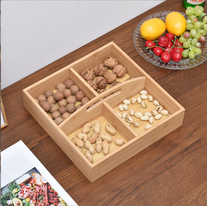 Bamboo and Wood Engagement Handle Dried Fruit Box Split Dried Fruit Plate Creative Wedding Early Childbirth Candy Snack Storage Wooden Box