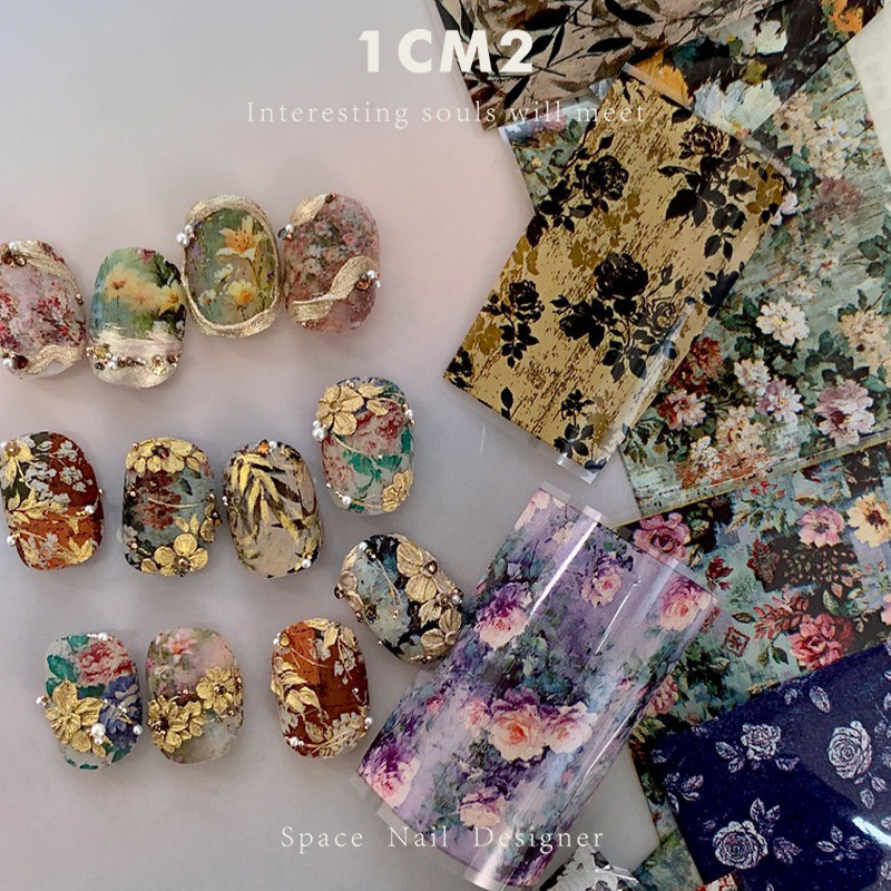 Nail art spring flower oil painting style transfer paper nail decoration stickers spring and summer new wearable nail decoration tools Nail art spring flower oil painting style transfer paper nail decoration stickers spring and summer new wearable nail decoration tools