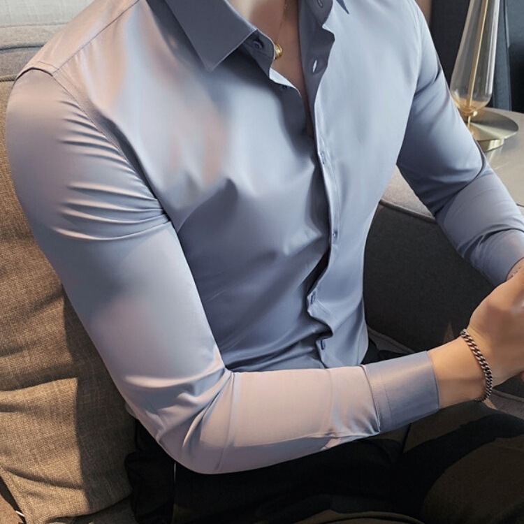 Slim Fit Handsome Shirt Men's Long-Sleeved Korean Style Trendy Fashion Business Ice Silk No-Iron Solid Color Formal Shirt