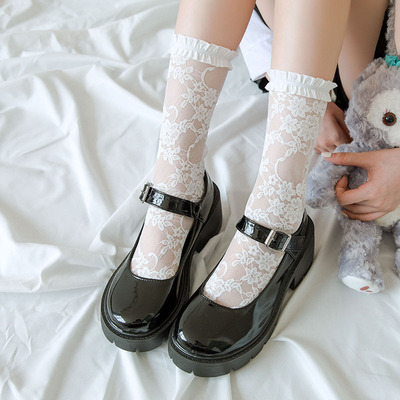 蕾丝花边袜子女中筒袜JK日系薄款夏季透明黑丝袜学院风洛丽塔长袜
