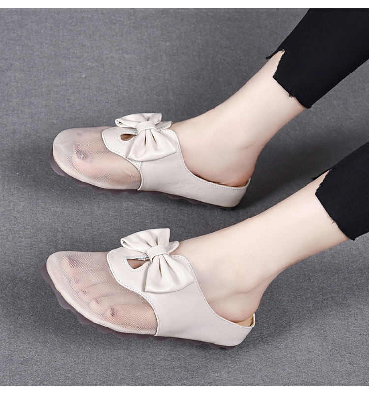 Dép sandal nữ bít mũi lưới thắt nơ da thật đế bằng mềm chống trượt — Màu đen chi tiết 17