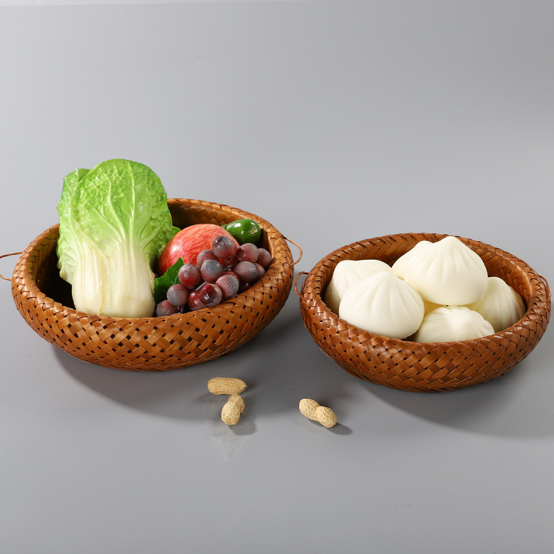 竹编篮日式大漆复古手提篮圆形双层食盒茶具收纳筐干果零食茶点盘|undefined