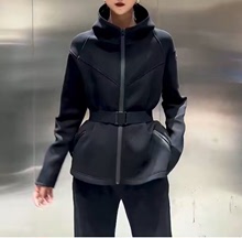 女裝外套 太空棉連帽衛衣女2022秋季新款顯瘦設計感拉鏈收腰外套