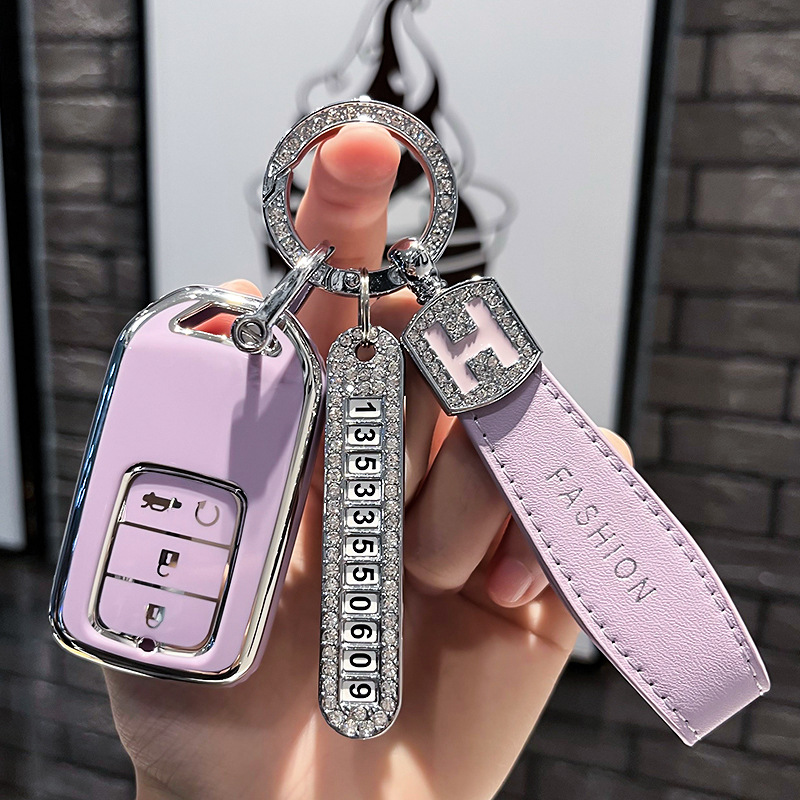 BT 키 유형 E - 스마트 4버튼 [싱글 쉘 퍼플] + 퍼플 H 가죽 로프 다이아몬드 버클 + 실버 번호판