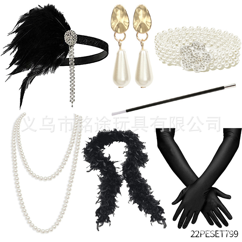 1920s Flapper niña ropa venda roja lana raya collar guantes cigarrillo varilla traje negro lana raya