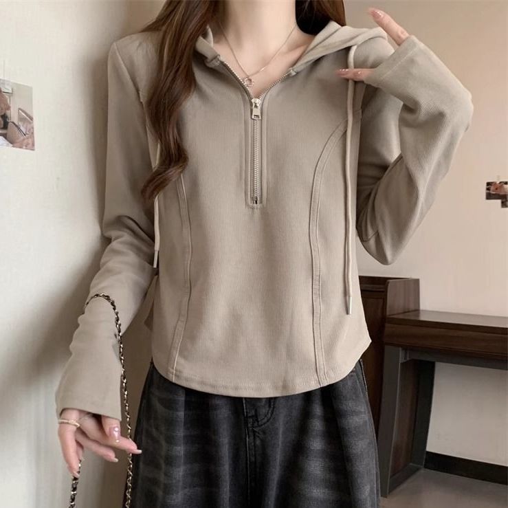 带帽卫衣女春秋新款法式长袖t恤女打底衫内搭修身连帽春秋上衣女|undefined