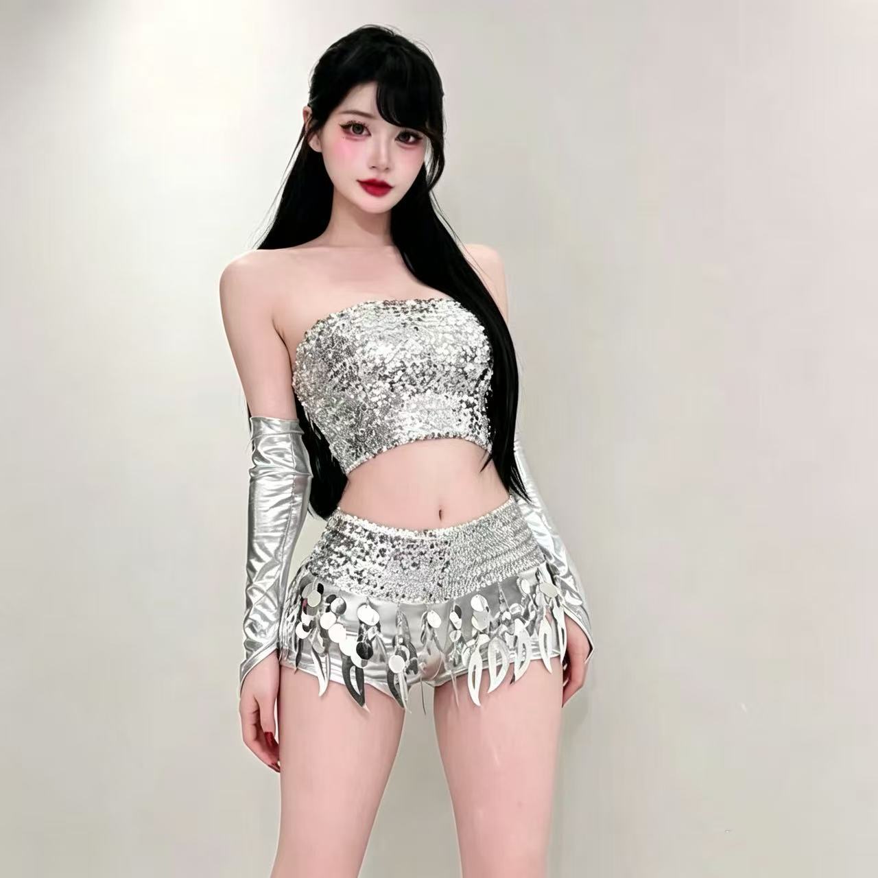 New Bar DS Performance Outfit for Female DJs, Chic and Sexy Silver Sequin Jazz Dance Fashion Set